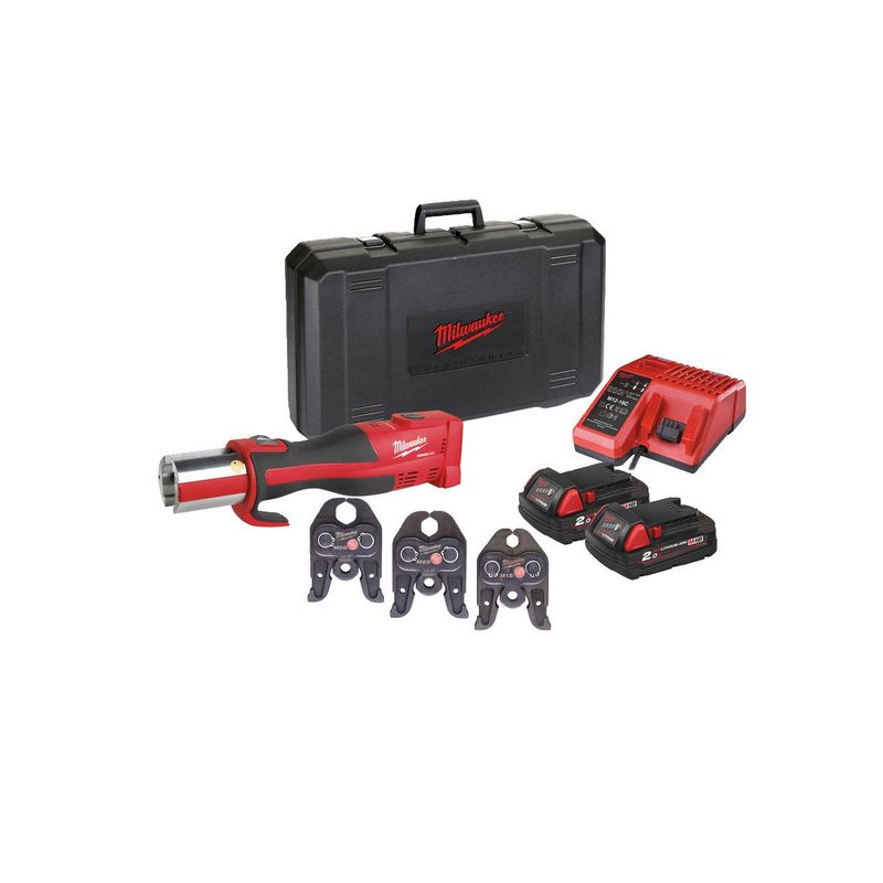 M18BLHPT-202C M-KIT Prensadora hidráulica sin escobillas M18™ FORCE LOGIC™, fuerza de prensado 32kN, 40000 ciclos de prensado entre mantenimientos, capacidad máxima 108mm en metal y 110mm en plástico. Incluye 3 mordazas M 15, 22 y 28mm. Se suministra con 2 baterías M18B2 y cargador M12-18C, en kitbox